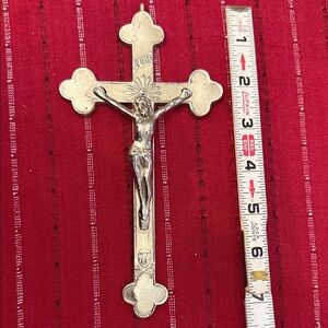 Antique Silver plated Budded Crucifix 7” Pendant w Golgotha Skull & Crossbones